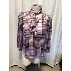 Ann Taylor Small Petite Plum Plaid Blouse with Tie Neck